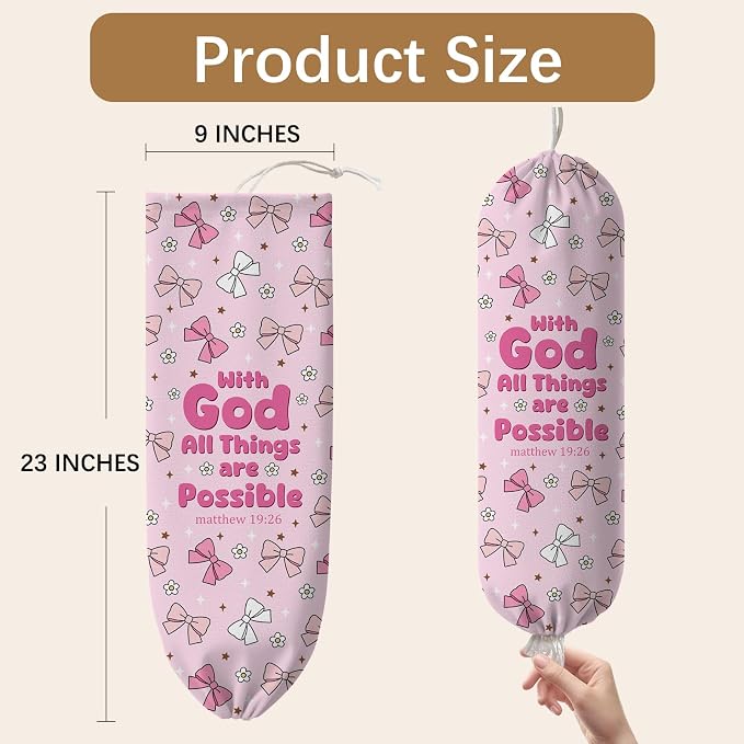 Pink Bow Plastic Bag Holder, Wall Mount Organizer for Reusable Canvas Grocery Bags, Decorative Home Kitchen Pantry Decor Hanging Bag Dispenser, Christian Shopping Bags Storage Dispenser - Image 2