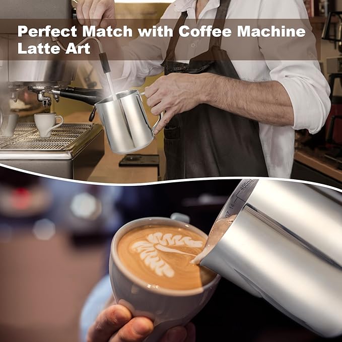 Milk Frothing Pitcher,Milk Steaming Frother Cup,Barista Cappuccino Latte Art Milk Jug with Decorating Pen,Stainless Steel Espresso Coffee Bar Accessories Tools (Silver, 14oz)
