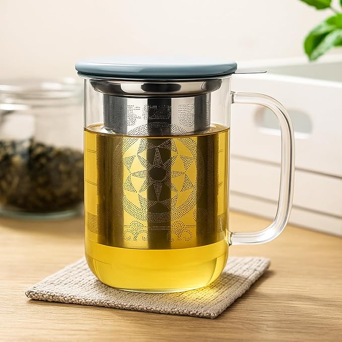 Aquach Tea Cup with Infuser and Lid, 18oz Borosilicate Glass Mug for Loose Leaf, Blooming Tea, Microwave & Dishwasher Safe - Ideal for Home Office Use, Gift for Tea Lovers