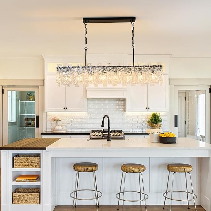 Modern Rectangular Crystal Chandelier, L47 inch Black Rectangle Water Ripple Glass Chandeliers Lighting, 8 Lights Linear Pendant Light Fixture for Kitchen Island, Living Room, Adjustable Hight - Image 8