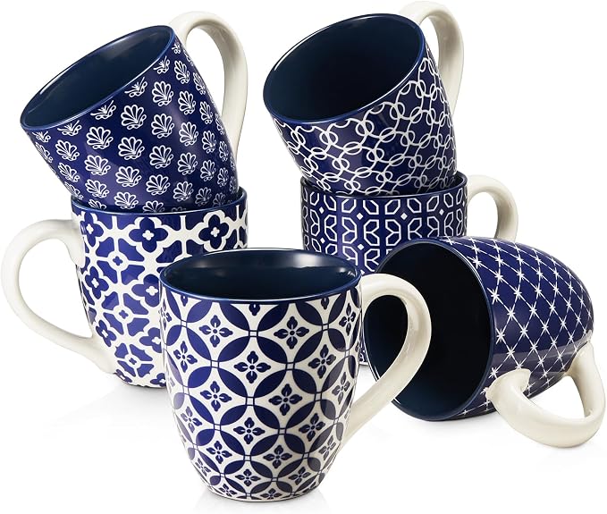 DOWAN Coffee Mugs Set of 6, 16 oz Large Porcelain Coffee Cups with Handle for Coffee Tea and Cocoa, Ceramic Coffee Mug for Women Men, Housewarming Wedding Gift, Vintage Blue by DOWAN