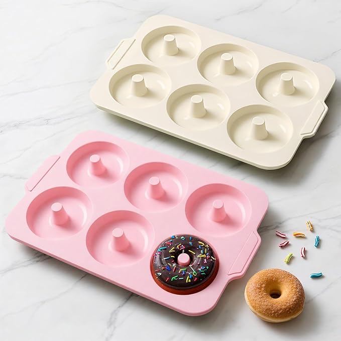 Nonstick Silicone Donut Pan: 4 Inch Large Donut Mold with Metal Frame - Bagel Doughnut Pan for Baking Gluten Free Glazed Vegan - for Oven Housewife Home Baker Baking Lovers (Pink & Beige)