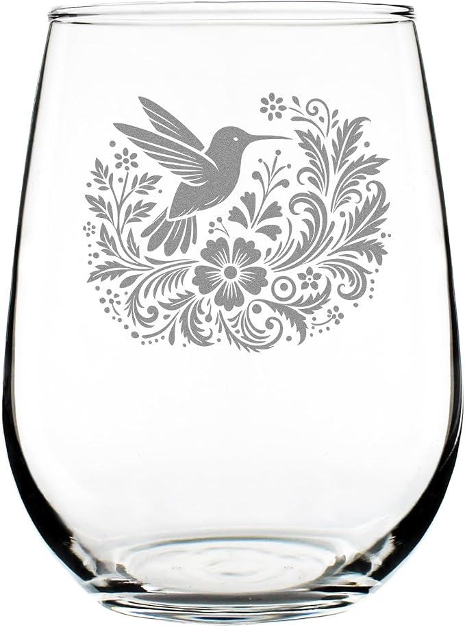 Hummingbird Stemless Wine Glass, Hand Engraved Floral Bird, Nature Lover Glassware, Botanical Art Etched for Her by Make+Your+Mark+Design