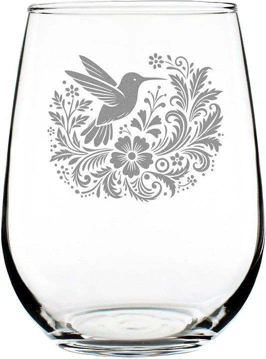 Hummingbird Stemless Wine Glass, Hand Engraved Floral Bird, Nature Lover Glassware, Botanical Art Etched for Her by Make+Your+Mark+Design