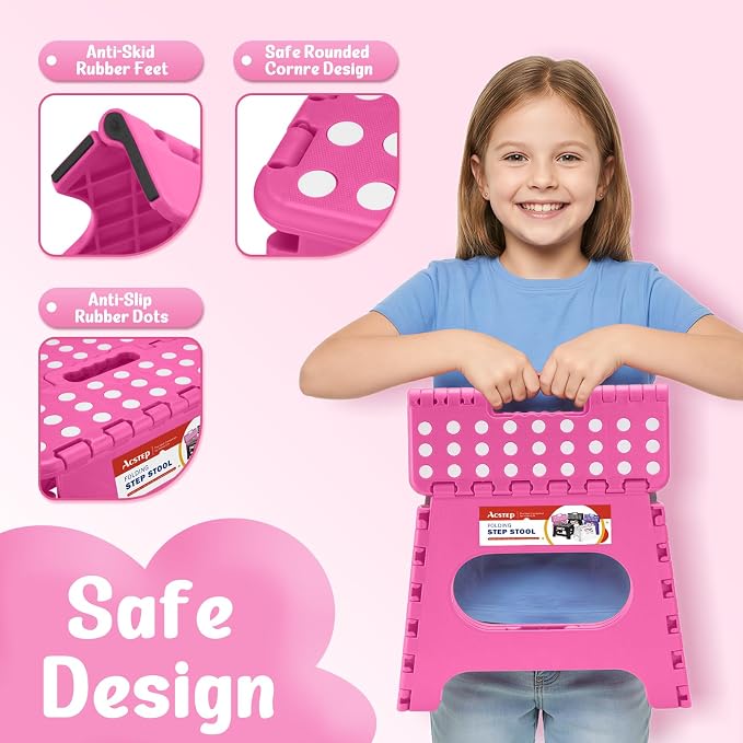 ACSTEP 11" Folding Step Stool for Kids and Adults, Holds 300 lb, Rose red | Heavy Duty Collapsible Foot Stool, Lightweight with Built-in Handle, Non-Slip for Adults Kitchen Bathroom Bedroom Outdoor - Image 3