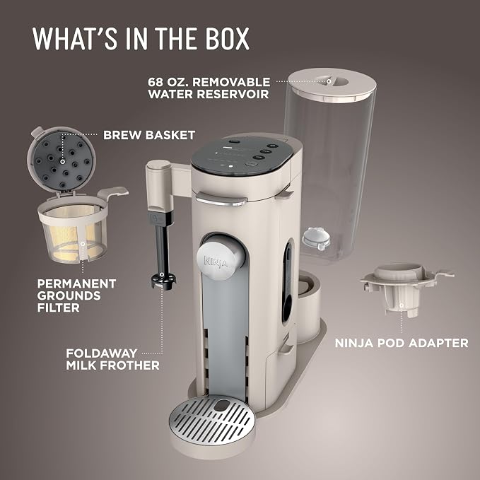 Ninja Pod & Grounds, XL Coffee Maker, K-Cup Compatible, Stone, PB055AST | Brews Grounds, Compact Design, Built-In Milk Frother, 68-oz. Reservoir, 6-oz. Cup to 24-oz. Mug Sizes - Image 10