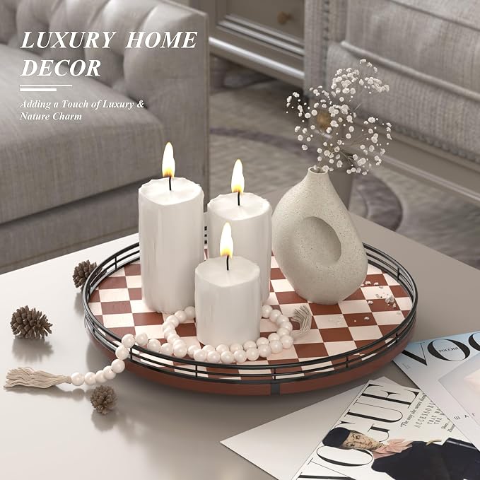 AMH 13-Inch Brown White Checkerboard Lazy Susan with Black Metal Rail | Smooth rotating oak tray with walnut finish for dining tables, kitchen counters, pantries and cabinet storage. - Image 3