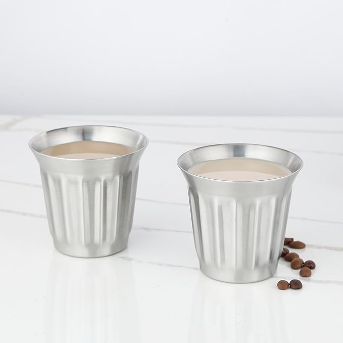Easyworkz Stainless Steel Double-Wall Espresso Cups 5 oz Set of 2, Vertical Stripe Design, Brushed Silver