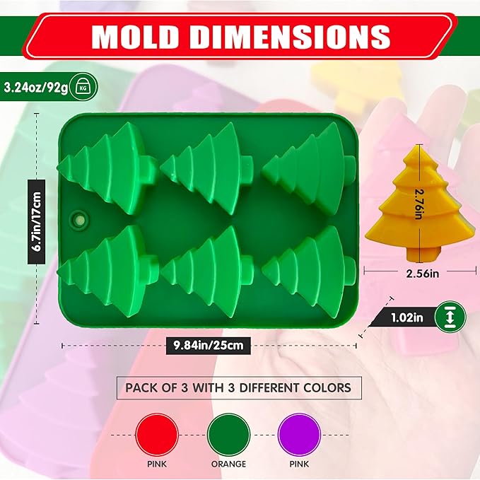 3 Pack Christmas Tree Silicone Molds,6 Cavity Baking Trays Christmas Trees for Holiday Candies,Gummy,Chocolates and More - Red, Green, Purple