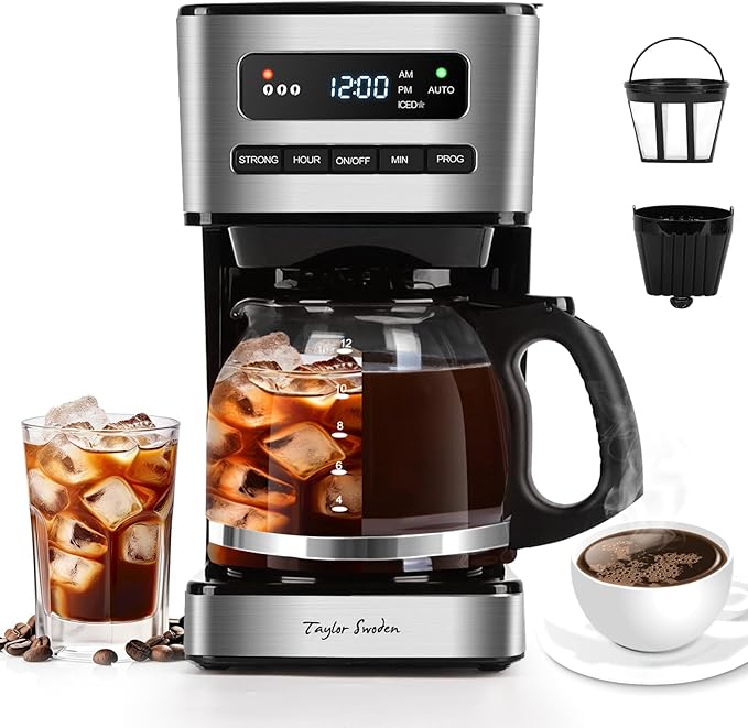 Taylor Swoden Programmable Coffee Maker 12 Cup, Black & Stainless Steel | Hot and Iced Coffee Maker, 4 Brew Strength, LED Display, 24H Timer, Keep Warm&Auto Shutoff- Drip Coffee Machine for Home by TaylorSwoden
