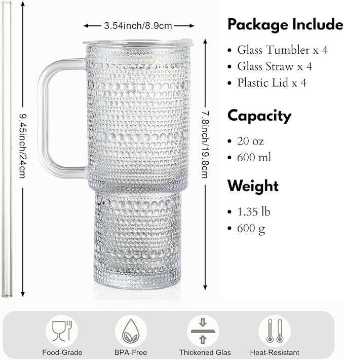 20 oz Glass Tumbler with Lid and Straw, Glass Iced Coffee Cups, Spill-proof Glasses Tumbler with Handle, Glasses Drinking Set of 2, Vintage Glassware for Cocktail, Juice, Smoothies - Image 7