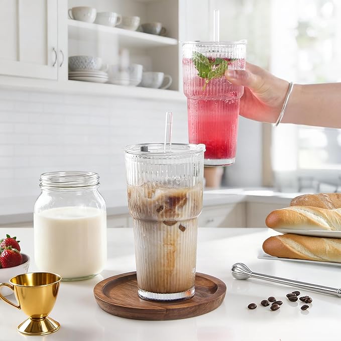 20oz Glass Cups with Lids and Straws, Premium Thick Ribbed Drinking Glass Tumbler Set for Iced Coffee, Smoothies, Cocktails, Beer and Juice, Clear, 2 Pack