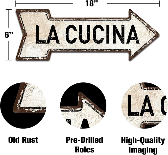 Mukuko La Cucina Sign, 6" x 18" Arrow Metal Tin Sign | Italian, Kitchen Decor, Dining, Home Decor - Image 2