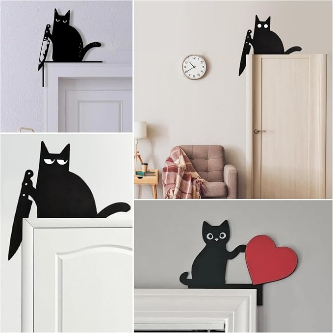 2025 New Year Gift - Cute Metal Cat Door Topper Love You Bye Over Door Frame Decor Corner Sign Black Ornaments Wood Decorations Funny Spooky Christmas with Knife (Despise Eyes Cat) - Image 3
