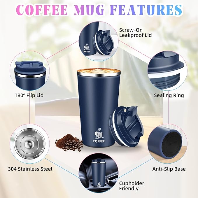 17oz Insulated Travel Coffee Mug with Flip Lid – Leakproof Stainless Steel Insulated Coffee Tumblers, Reusable Coffee Cup for Hot & Cold Drinks, Perfect for Camping & On-the-Go - Image 3