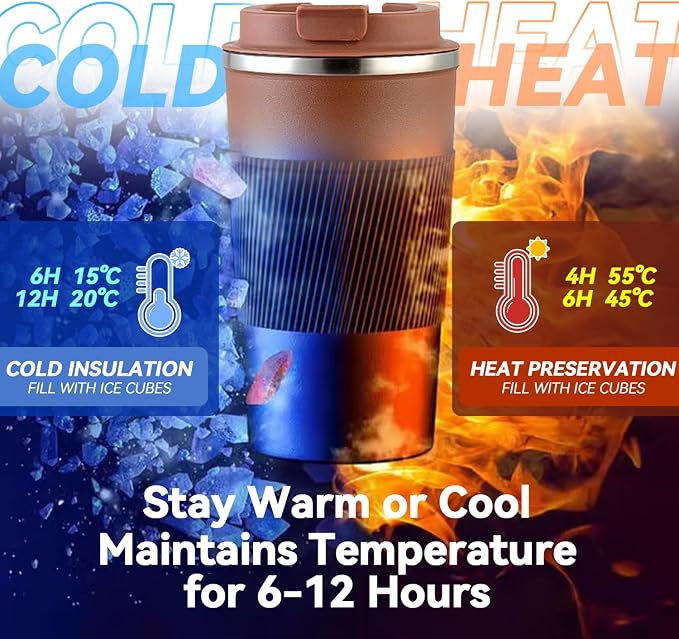 12OZ Travel Coffee Mug Insulated Coffee Cup with Spill Leak Proof Lid, Portable Stainless Steel Tumbler Reusable Hot and Cold Water Mug for Car, Daily, Camping- Coffee - Image 6