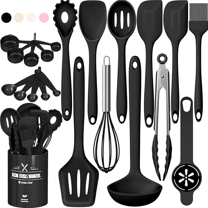 Silicone Kitchen Utensils Set, Umite Chef 22Pcs Cooking Utensils Spatula Set, Heat Resistant Non-Stick Silicone, Dishwasher Safe Cooking Gadgets Tools Set(Black) by UmiteChef