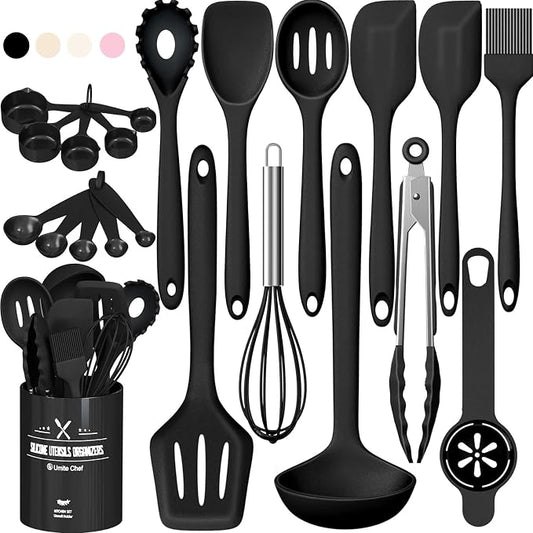 Silicone Kitchen Utensils Set, Umite Chef 22Pcs Cooking Utensils Spatula Set, Heat Resistant Non-Stick Silicone, Dishwasher Safe Cooking Gadgets Tools Set(Black) by UmiteChef