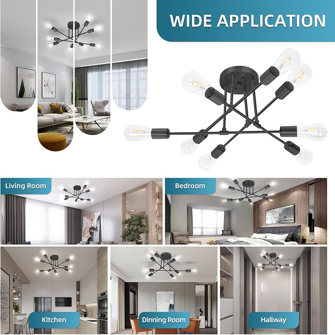 CANMEIJIA Sputnik Light Fixture, 8-Lights Black Sputnik Chandelier, Modern Ceiling Lights, Semi Flush Mount Ceiling Lights Fixture for Bedroom, Dining Room, Kitchen, E26 Base, Bulbs Not Included - Image 6