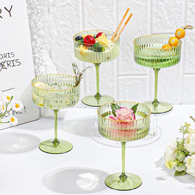 100 PCS Green Ribbed Martini Glasses Bulk 10oz Champagne Martini Glasses Plastic Gold Rim Espresso Martini Glass Margarita Glasses Vintage Coupe Glass Glassware Dessert Cup for Birthday Party Wedding - Image 4