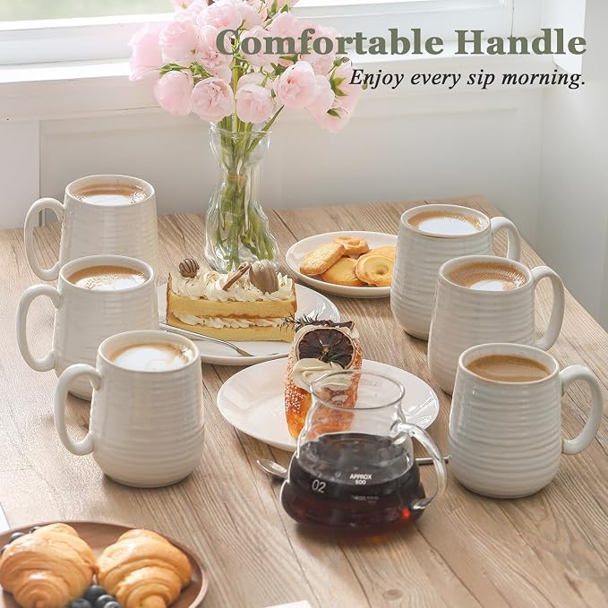 HASENSE Coffee Mugs, 15oz Ceramic Coffee Cups Set of 4, Clay-Infused White | Large Tea Cup with Comfortable Handle for Milk Cocoa Cappuccino, Prefect for Women Men Gift Dishwasher Microwave Safe - Image 6