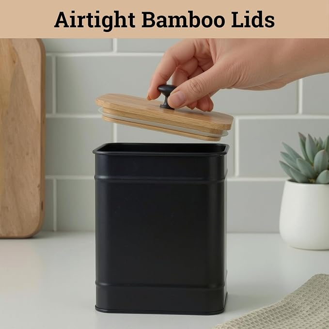 Kitchen Canisters for Countertop Set of 4 w/ Chalkboard Labels & Marker Pen | Airtight Easy Open Bamboo Lids, Dent-Resistant Thick Metal, Customizable Chalkboard Labels, Marker Pen Included, Set of 4 - Image 4