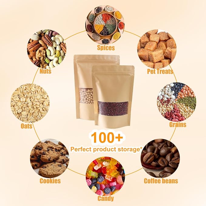 105 Pcs Windowed brown paper Bags，4.7x 7.9 Inch Stand Up Pouches, Zip Lock Food Storage Bags， Reusable Sealing Pouches for Packaging Products(Brown) (4.7 * 7.9in) - Image 4