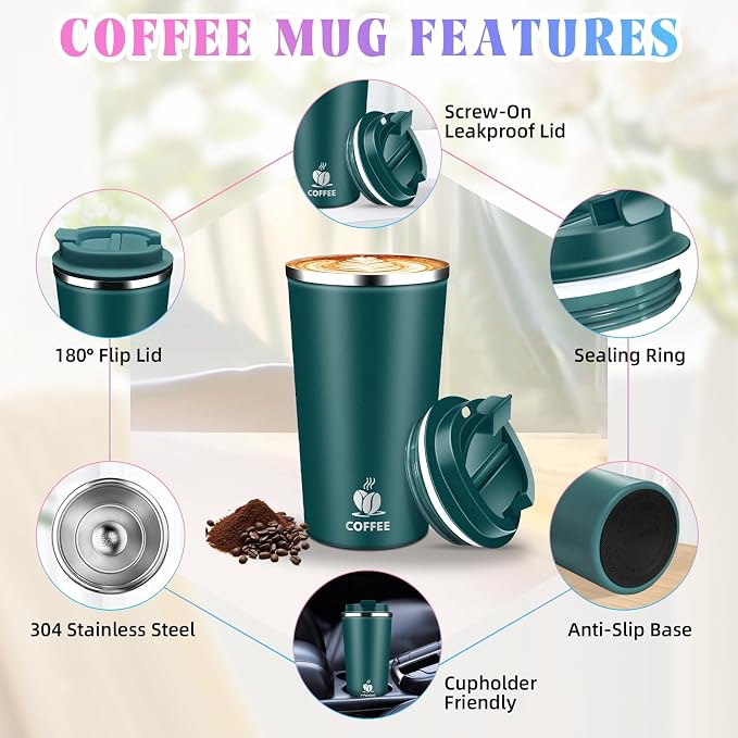 17oz Insulated Travel Coffee Mug with Flip Lid – Leakproof Stainless Steel Insulated Coffee Tumblers, Reuable Coffee Cup for Hot & Cold Drinks, Perfect for Camping & On-the-Go - Image 3