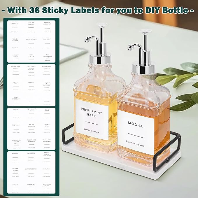 Coffee Syrup Dispenser for Coffee Bar, Clear Glass Syrup Bottles with Pump, Refillable Maple Syrup Storage, Coffee Station Accessories and Organizer, 500ml, Set of 2 + Tray (Chrome Finish)