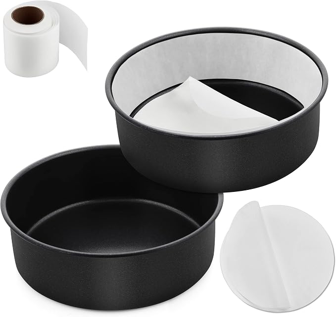 E-far 6 Inch Cake Pans Set of 2, Nonstick Stainless Steel Small Round Baking Pans with Parchment Paper & Side Liner Roll, Stainless Steel Core & Non-toxic Coating, Straight Side & 2 Inch Deep by E-far