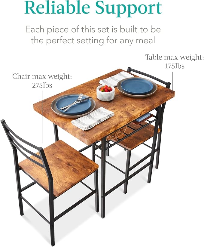 Best Choice Products 3-Piece Modern Dining Set, Space Saving Dinette for Kitchen, Dining Room, Small Space w/Steel Frame, Built-in Storage Rack - Medium Brown/Black - Image 7