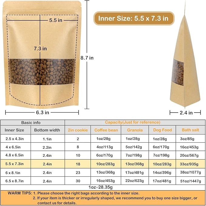 50 Pack Kraft Resealable Bags with Window for Storage (5.5 x 7.3 Inches) | Brown Zipper-Lock Heat Sealable Stand Up Pouch Bags with Matte Window and Tear Notch for Small Business Home Use - Image 2