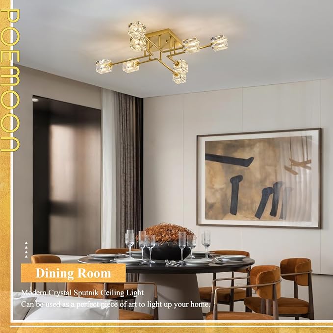 8-Light Gold Sputnik Chandeliers Modern Crystal Semi Flush Mount Ceiling Light Fixture L 31.5" Industrial Chandelier for Living Room Dining Room Foyer Entryway Kitchen Bedroom - Image 2