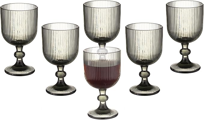 Vintage Wine Glasses Set of 6, 11 Ounces Colored Glass Water Goblets, Unique Embossed Pattern High Clear Stemmed Glassware Wedding Party Bar Glass Drinking Cups Fancy Glasses Vertical Line Grey by XKXKKE