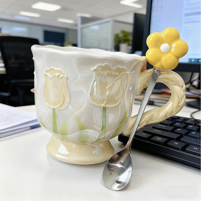 DTIUYIOP-Ceramic Coffee Mug 14oz/410ml Yellow Cute Flower with Spoon | novelty coffee mug, Tulip Shaped Floral,Girly Mug with Handle, Breakfast Milk Oatmeal Cup, cute mugs for women - Image 4