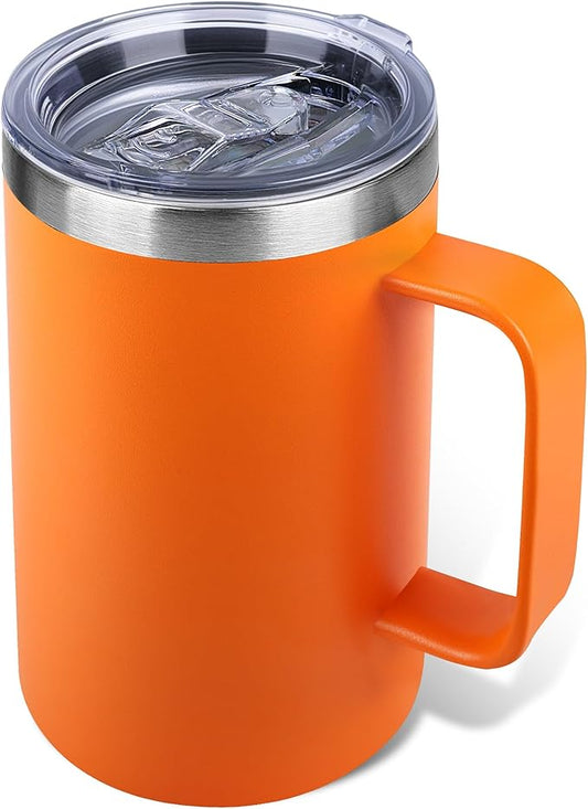 22oz Insulated Coffee Mug with Handle & Leak-Proof Lid - Double Wall Stainless Steel Travel Tumbler for Commute/Office/Home, Orange, 1 Pack by Unknown