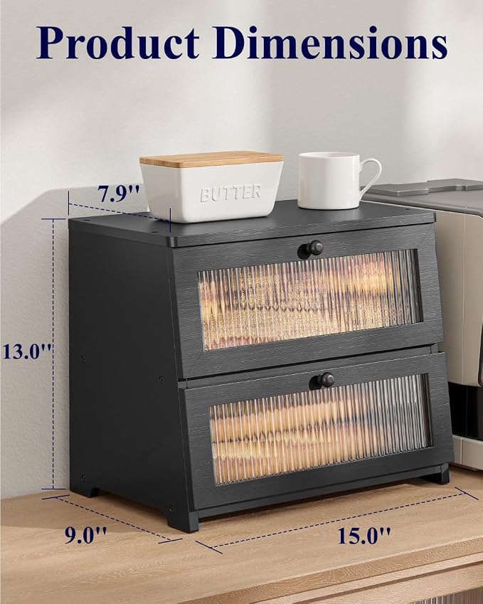 Kitsure Wooden Bread Box for Kitchen Countertop, 2-Tier, Black | Large Capacity Kitchen Countertop Organizer, Stylish Bread Storage with Window, Multi-functional Container - Image 2