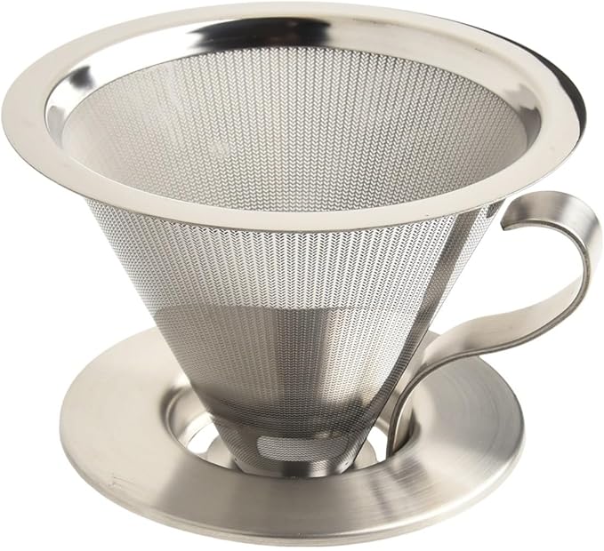 Reusable 304 Stainless Steel Coffee Filter with Handle - 300 Mesh Fine Brew for Coffee Tea,Easy to Clean, Rust-Resistant Design,Silver