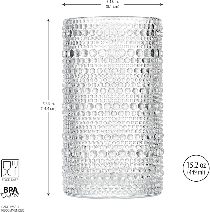 Highball Glasses Hobnail, Set of 8, Textured Embossed Beaded Design, 15.2 oz Cocktail Cooler Drinking Glassware Elegant Everyday Home Dinner Bar - Image 2