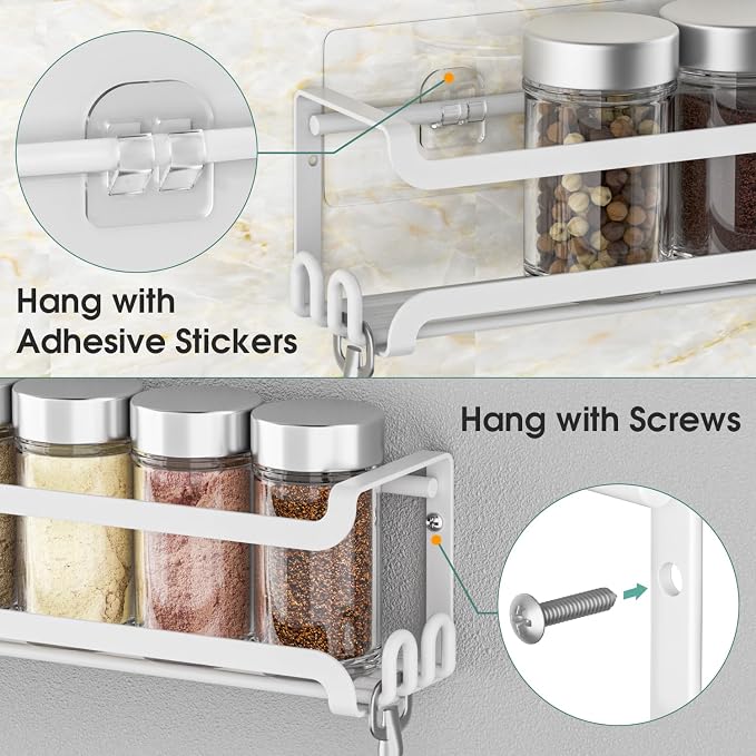 LUCYCAZ 2 Pack Wall Mounted Spice Rack for Spice Jars & Seasonings (White) | 8 Metal Hooks, Space-Saving,Screw or Adhesive Spice Shelf Hanging,for Kitchen Cabinet,Pantry Door,RV,Camper Spice Orgnaizer - Image 6