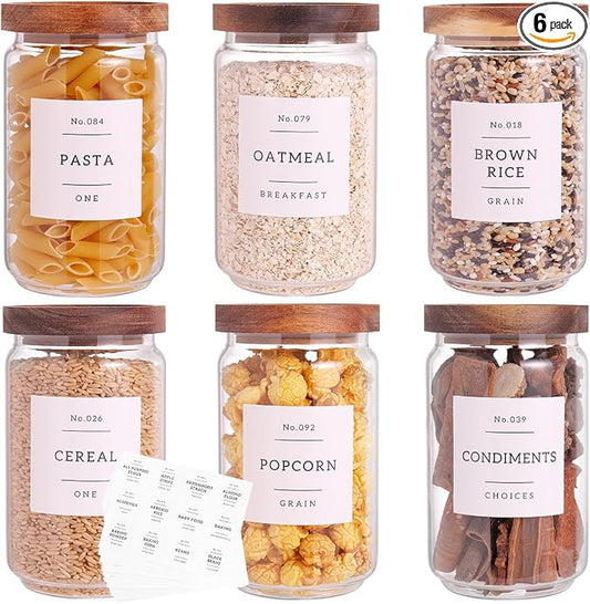 6 Set Glass Pantry Storage Jars with Acacia Airtight Lid - 23oz Thicken Glass Kitchen Canisters with 132 Pantry Labels - Clear Glass Food Storage Containers with Wood Lid for Tea,Sugar,Cookie,Coffee by CZZGSM