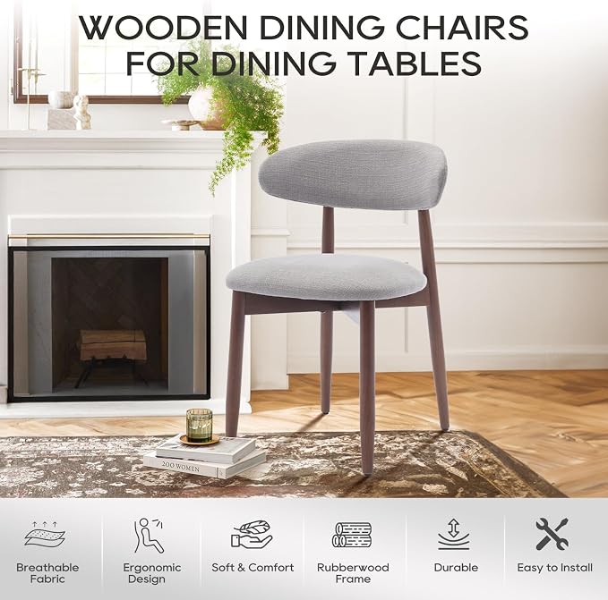 COLAMY Wooden Dining Chairs Set of 4, Modern Fabric Upholstered Dining Room Chair, Farmhouse Kitchen Chair with Foot Pegs, Light Grey - Image 6