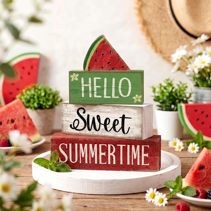 Moucuny 4 Pcs Summer Wooden Table Decor Watermelon Tiered Tray Decor Farmhouse Table Decoration Hello Sweet Watermelon Book Block Summer Decoration for Home Office Kitchen Mantel Shelf - Image 2