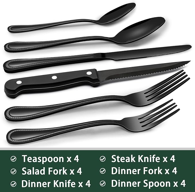 EWFEN 24-Piece Black Silverware Set with Steak Knives, Black Flatware Set for 4, Food-Grade Stainless Steel Tableware Cutlery Set, Mirror Finished Utensil Sets for Home Restaurant, Pearled Edge - Image 2