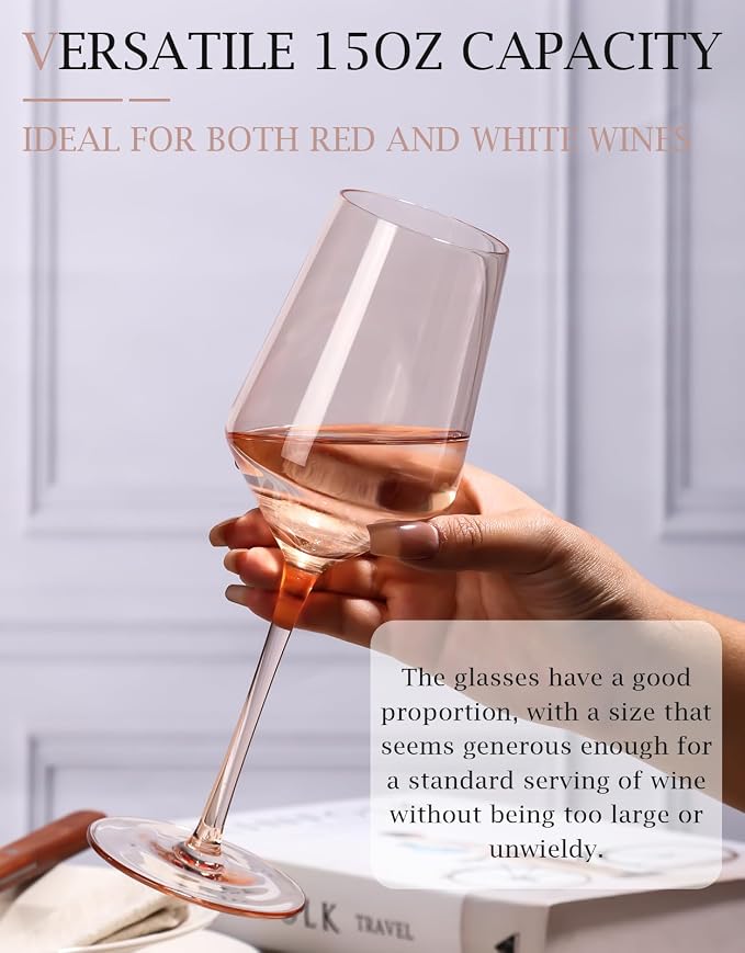 comfit Blush Pink Wine Glasses Set of 6-15 oz, Unfading Color, Hand-blown Wine Glasses, Pink Drinking Glassed - Pink Wedding Engagement Housewarming Gifts for Women Wine Lovers - Image 3