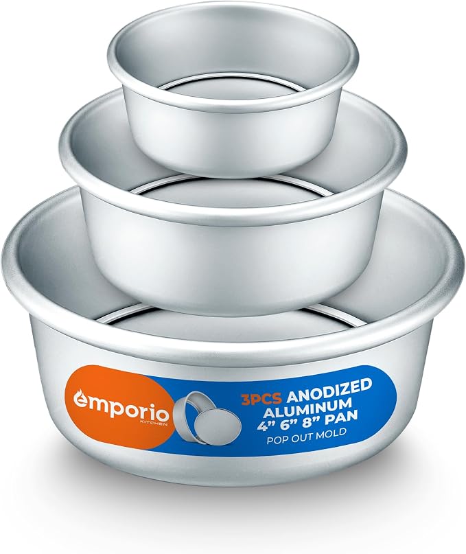 Emporio Kitchen Anodized Aluminum Round Cheesecake Pan - Pressure Cooker and Air Fryer Safe, Recipe Booklet Included, PFAS, CFC, PTFE, or PFOA Free, Oven Safe (Up To 500° F), 4/6 /8 Inches, Pack of 3 by Unknown