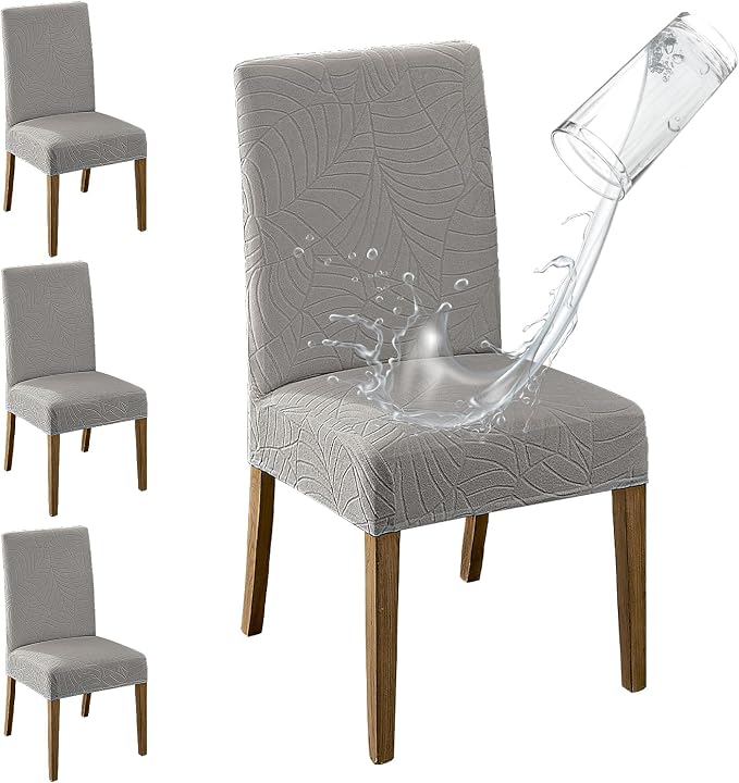 MOSAYT 100% Waterproof Dining Room Chair Covers Set of 4, Super Fit Stretch Jacquard Parson Chairs Slipcovers Removable Washable Chair Seat Protectors for Home, Kitchen, Banquet (Light Grey) by MOSAYT