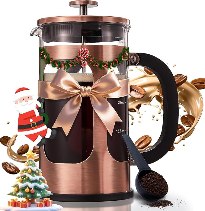 BAYKA 34oz 1 Liter French Press Coffee Maker,Mothers Day Gifts for Mom,Coffee Lover Gift,Heat Resistant Thickened Borosilicate Glass Stainless Steel Brewer,Cold Brew Cafetera Teapot for Kitchen,Copper