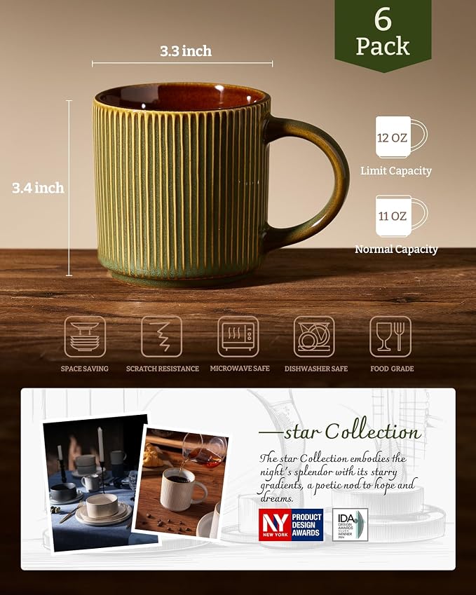 famiware Coffee Mug Set for 6, Star 12 oz Catering Mugs Cup Set with Handle for Coffee, Tea, Cocoa, Milk - Ceramic Stoneware Drinkware Set, Moss Cocoa - Image 6