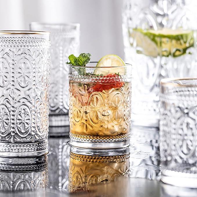 Bekith 6 Pack Drinking Glasses, 9.5 oz Romantic Water Glasses, Clear Embossed Glass Cups Vintage Glassware Set for Whisky, Juice, Beverages, Beer, Cocktail - Image 8